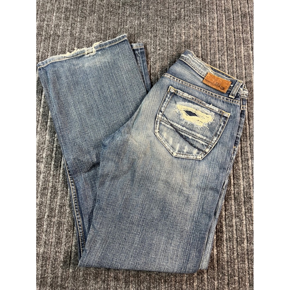 BKE Jaxon Bootcut Jeans Mens 33 Long Blue Distressed Wash Frayed KBK7034L Tall